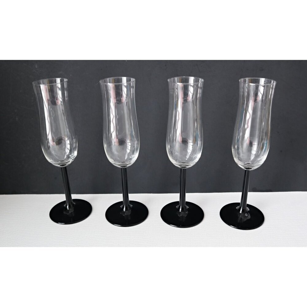 4 Vintage LUMINARC Black Stemmed Champagne Flutes France